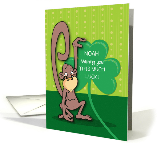 Custom Name Noah St. Patricks Day Monkey with Shamrock card (1513488)