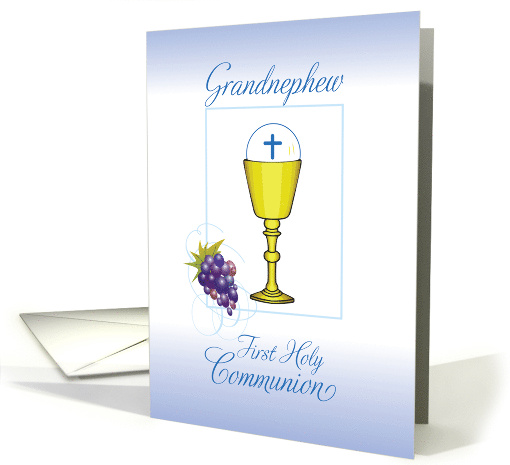 Grandnephew First Communion Chalice with Host and Grapes on Blue card