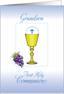 Grandson First Communion Chalice with Host and Grapes on Blue card