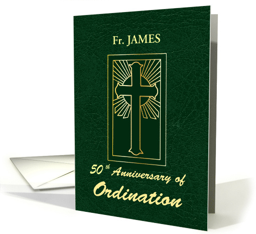 Custom Name 50th Anniversary of Ordination Green Leather Look card