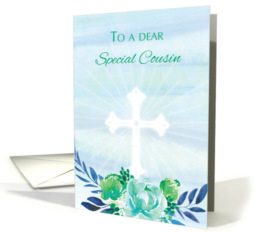 Special Cousin Teal Blue Flowers with Cross Easter card (1515784)