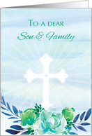 Son and Family Teal Blue Flowers with Cross Easter card