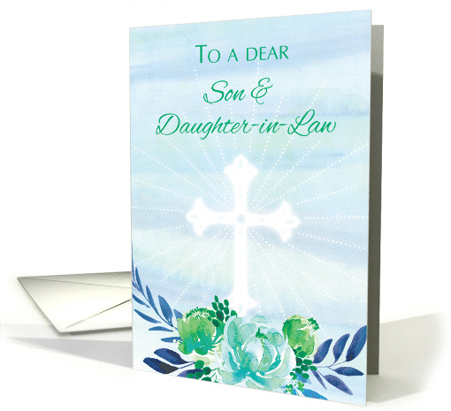 Son and Daughter in Law Teal Blue Flowers with Cross Easter card