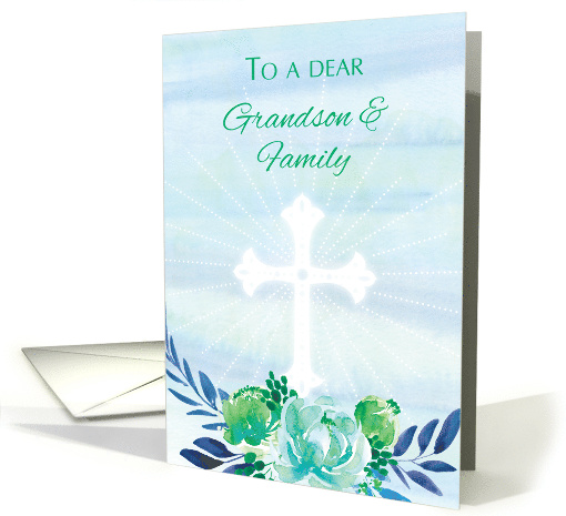 Grandson and Family Teal Blue Flowers with Cross Easter card (1515804)