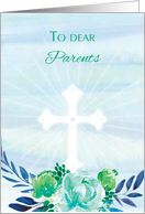 Parents Teal Blue Flowers with Cross Easter card
