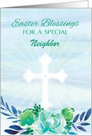Custom Relationship Neighbor Teal Blue Flowers with Cross Easter card