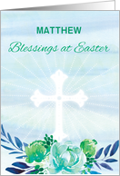 Custom Name You Teal Blue Flowers with Cross Easter card