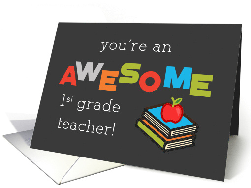 First Grade Teacher Appreciation Day Books and Apple Awesome card