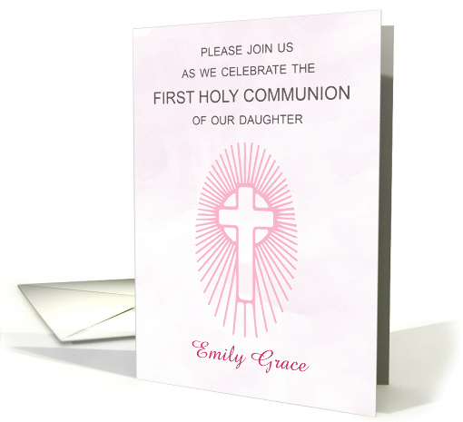 Invitation Pink First Holy Communion Cross Rays Personalize card