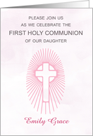 Invitation Pink First Holy Communion Cross Rays Personalize card