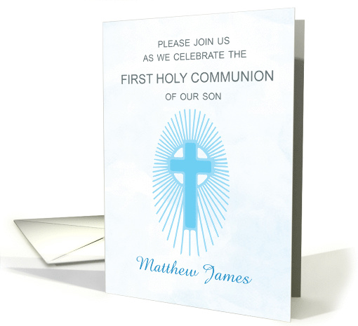 Invitation Blue First Holy Communion Cross Host Rays card (1519188)