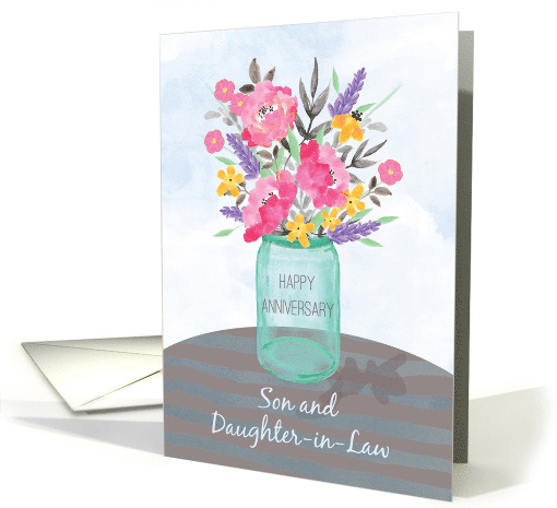 Son and Daughter in Law Anniversary Jar Vase with Flowers card