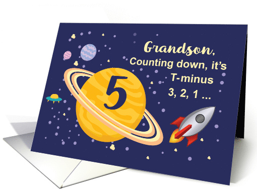 Grandson 5th Birthday Planets in Outer Space with Rocket Ship card
