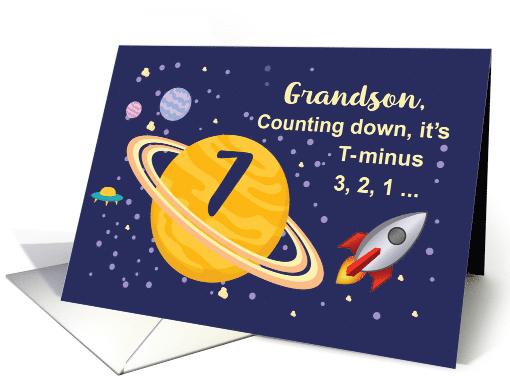 Grandson 7th Birthday Planets in Outer Space with Rocket Ship card