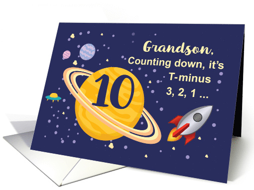 Grandson 10th Birthday Planets in Outer Space with Rocket Ship card