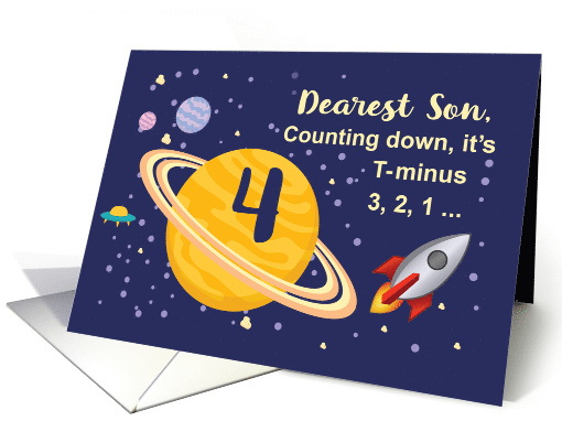 Son 4th Birthday Planets in Outer Space with Rocket Ship card