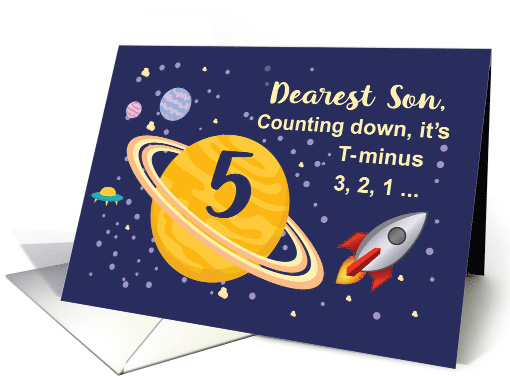 Son 5th Birthday Planets in Outer Space with Rocket Ship card