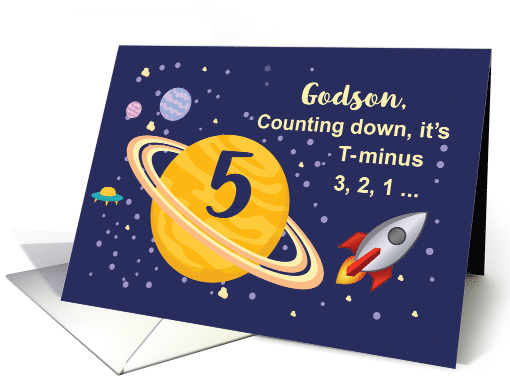 Godson 5th Birthday Planets in Outer Space with Rocket Ship card