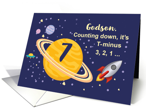 Godson 7th Birthday Planets in Outer Space with Rocket Ship card