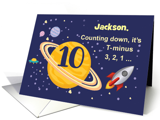 Custom Name 10th Birthday Planets in Outer Space with Rocket Ship card