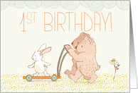 Twins First Birthday Walking Bear and Rabbit card