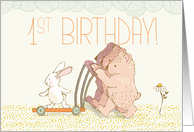 Triplets First Birthday Walking Bear and Rabbit card