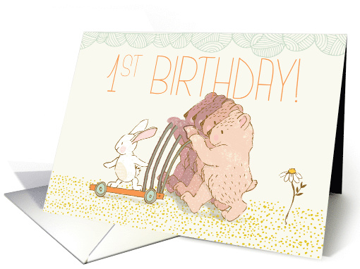 Quadruplets First Birthday Walking Bear and Rabbit card (1530090)