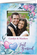 Just Married Photo Announcement Purple and Blue Flowers card