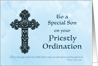 Son Ordination Congratulations Ornate Cross on Light Blue card