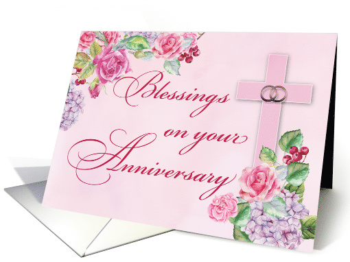 Religious Wedding Anniversary Rings Pink Cross With Roses card