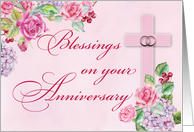 Religious Wedding Anniversary Rings Pink Cross With Roses card