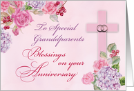 Grandparents Religious Wedding Anniversary Rings Cross and Flowers card