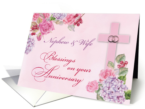 Nephew Wife Religious Wedding Anniversary Rings Cross and Flowers card