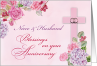 Niece and Husband Religious Wedding Anniversary Rings Cross Flowers card