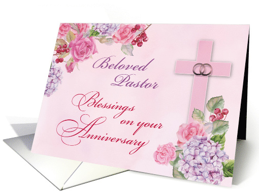 Pastor Religious Wedding Anniversary Rings Cross Flowers card