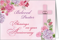 Pastor Religious Wedding Anniversary Rings Cross Flowers card