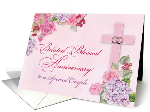 Belated Religious Wedding Anniversary Rings Cross and Flowers card