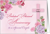 Belated Religious Wedding Anniversary Rings Cross and Flowers card