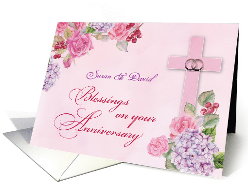 Custom Name Religious Wedding Anniversary Rings Cross and Flowers card
