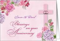 Custom Name Religious Wedding Anniversary Rings Cross and Flowers card