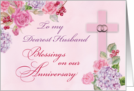 Husband Religious Wedding Anniversary Rings Cross and Flowers card
