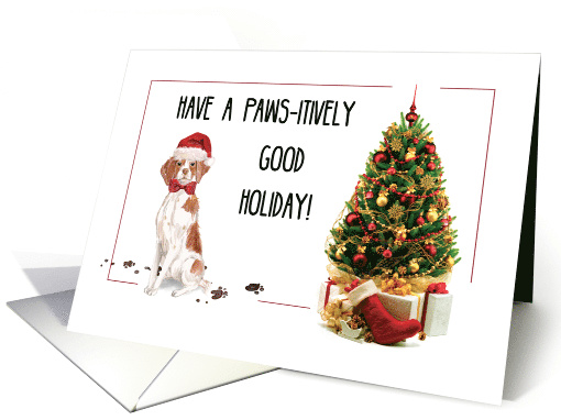 Brittany Funny Christmas Dog and Tree card (1534342)