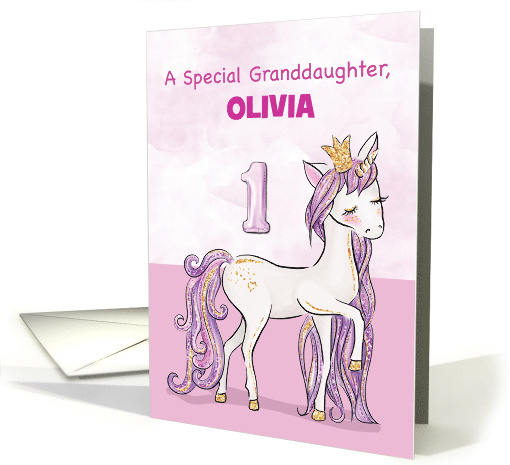 Custom Name Granddaughter 1st Birthday Pink Horse With Crown card