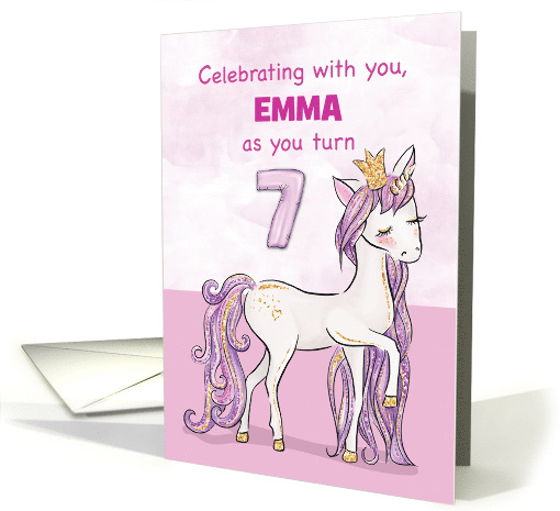 Custom Name 7th Birthday Pink Horse With Crown card (1535300)