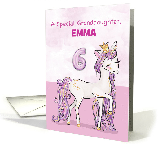 Custom Name Granddaughter 6th Birthday Pink Horse With Crown card