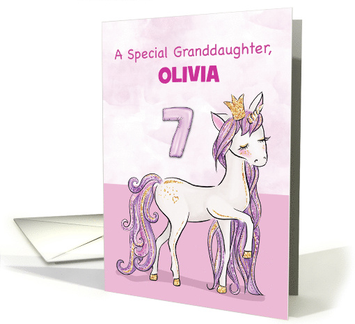 Custom Name Granddaughter 7th Birthday Pink Horse With Crown card
