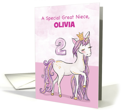 Custom Name Great Niece 2nd Birthday Pink Horse With Crown card