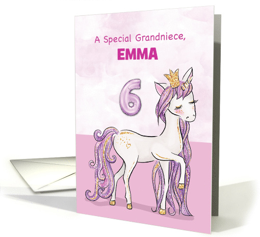 Custom Name Grandniece 6th Birthday Pink Horse With Crown card