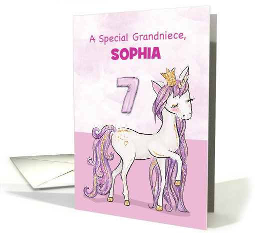 Custom Name Grandniece 7th Birthday Pink Horse With Crown card