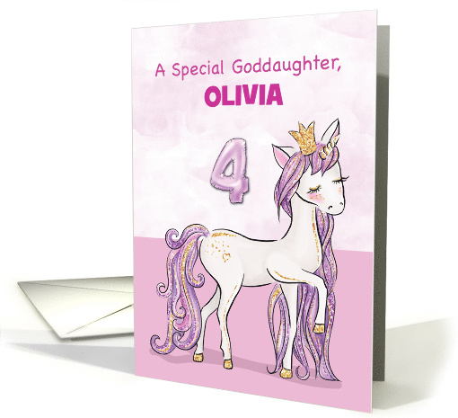Custom Name Goddaughter 4th Birthday Pink Horse With Crown card